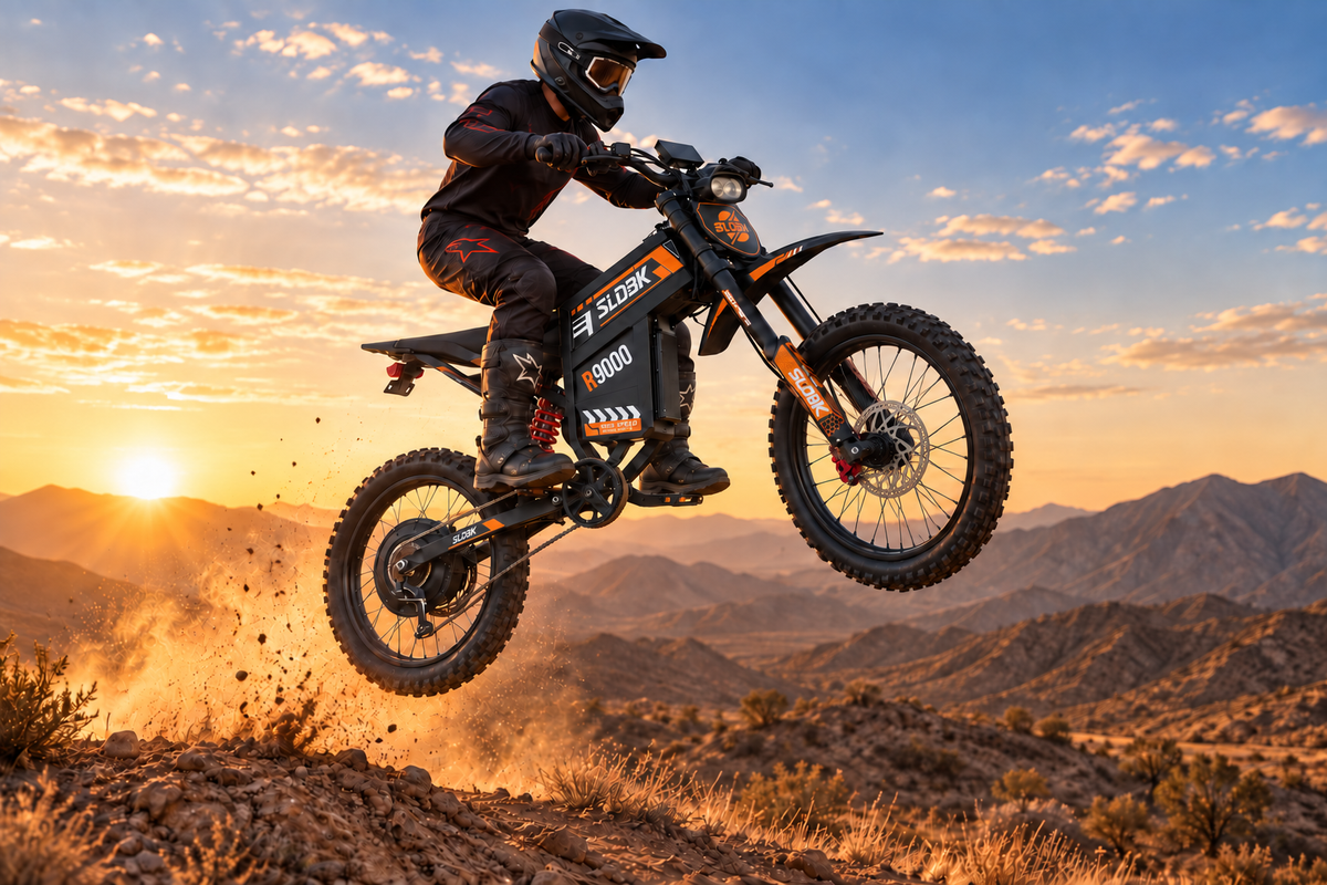 SLDBK R9000 7000W electric dirt bike performing a high-altitude jump over desert mountain hills at sunset