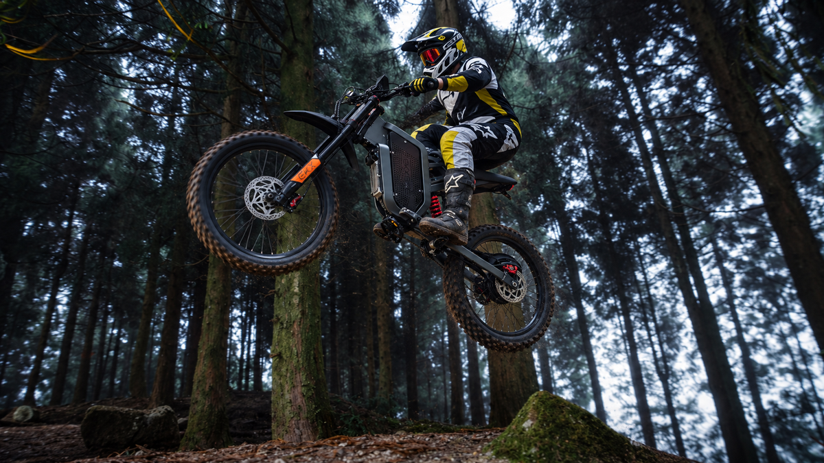 EKX X21 MAX electric dirt bike rider jumping on a forest trail