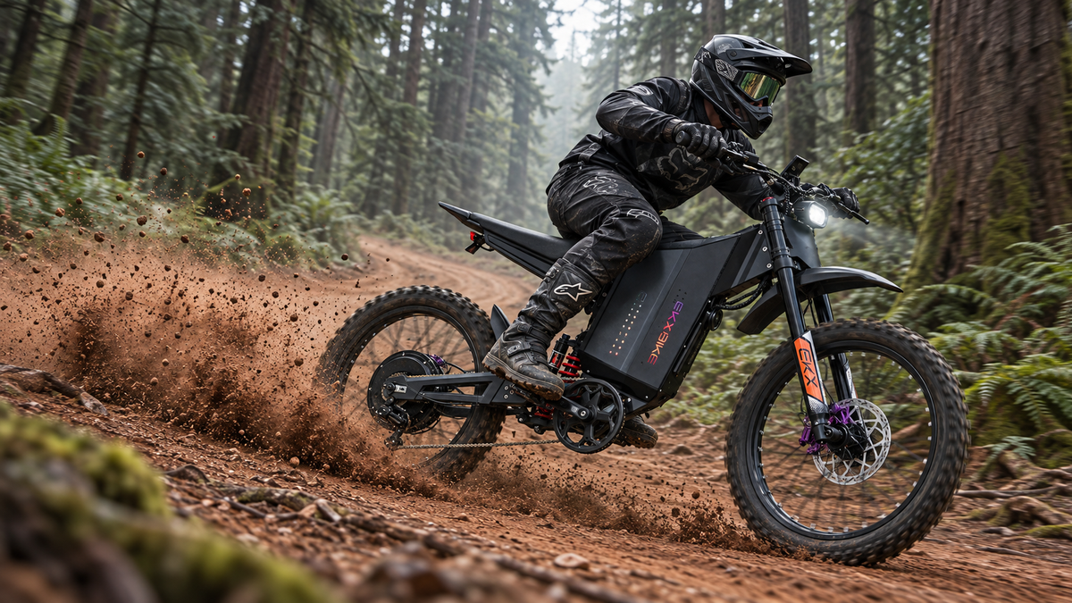 Rider carving through a forest trail on a black EKX BIKE high-performance electric dirt bike