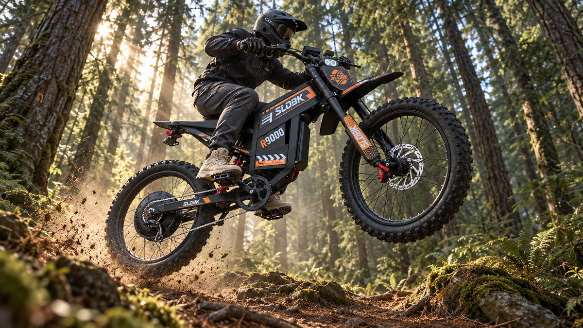 Rider navigating the SLDBK R9000 60V electric dirt bike through dense forest trails with 19-inch off-road tires