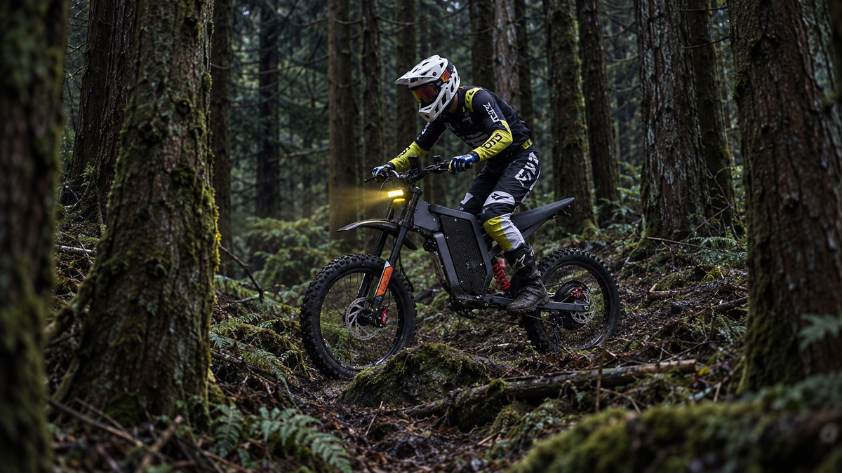 EKX X21 MAX electric dirt bike rider navigating a rugged forest trail